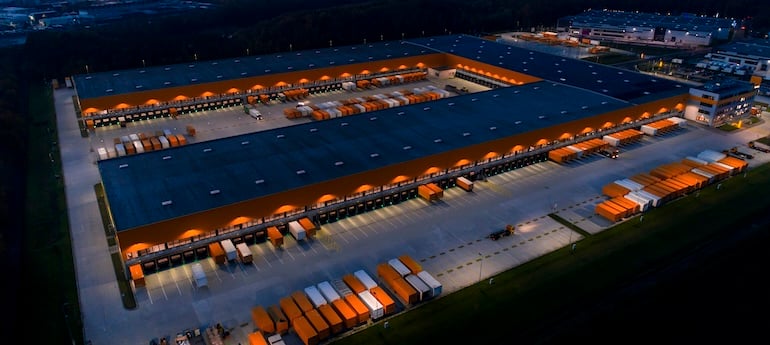 aerial photo of an industrial commercial real estate property at night